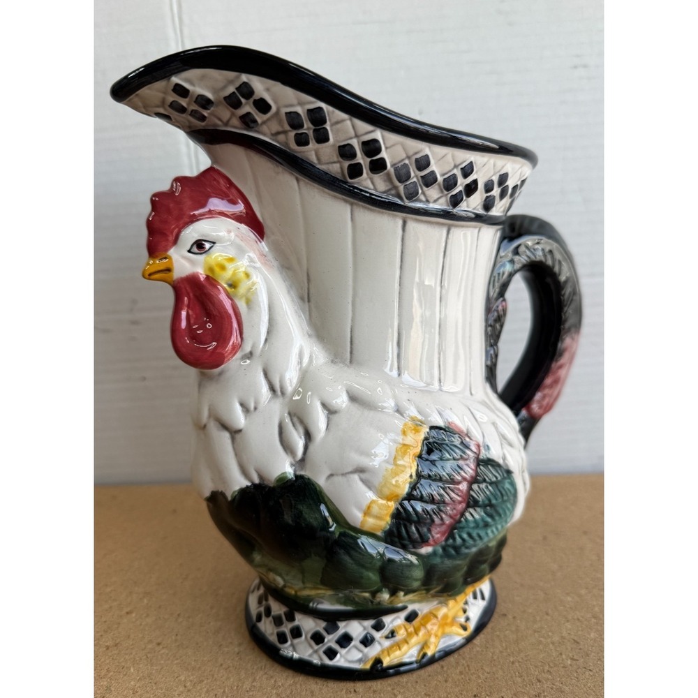 NIB VTG 1998 CBK LTD Rooster Shaped Ceramic Pitcher Country Style‎ 8 1/2" Tall